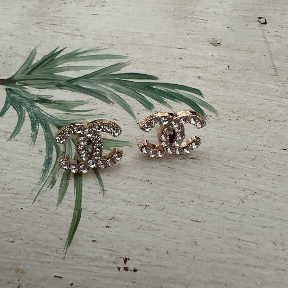 CHANEL Gold Crystal Logo Earrings
